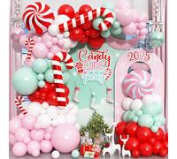 Kit de guirlande d'arche de ballons pastel Merry Christmas de 134 pièces, rouge, blanc et rose clair, vert layette, ballons de Noël avec ballons en aluminium en forme de canne à sucre d'orge