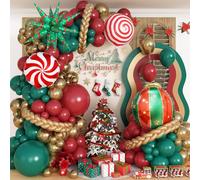 Kit de guirlande de ballons de Noël, 101 pièces, rouge foncé, vert, doré, avec ballons en aluminium Mylar à l'hélium et sucettes pour fête de Noël, Nouvel An, vacances, anniversaire