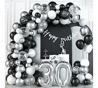 Kit de guirlande de ballons décoratifs pour 30e anniversaire - Noir et argent - Avec chiffres - Ballons en aluminium - Confettis Happy Birthday - Bannière colorée - 30 ans - Pour homme et femme -