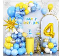 Kit de guirlande de ballons en aluminium jaune et bleu clair pour 4e anniversaire - Motif étoile dorée 4D avec chiffre 4 - Ballons en aluminium pour enfants de 4 ans