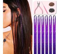 Kit de guirlandes de cheveux violets de 122 cm, 1200 mèches avec outils et instructions (français non garanti), faciles à installer pour femmes et filles, accessoires de cheveux tressés brillants et