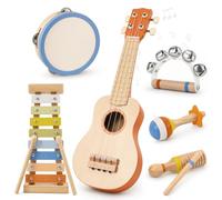 Kit de guitare Montessori 6 en 1 pour enfants à partir de 2 à 3 ans, avec ukulélé, xylophone, tambourin et maracas, anniversaire pour enfants à partir de 2 ans