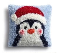 Kit De Housse De Coussin Avec Crochet À Loquet En, Petit Pingouin Avec Un Chapeau De Père Noël43X43Cm Kit De Broderie,Kits De Fabrication De Taies D'Oreiller,Latch Hook Pillowcase Kits