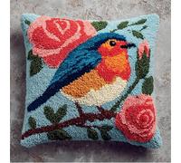 Kit De Housse De Coussin Avec Crochet À Loquet En, Rouge-Gorge Sur Une Branche De Rosier43X43Cm Kit De Broderie,Kits De Fabrication De Taies D'Oreiller，Latch Hook Pillowcase Kits