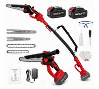 Kit de Jardin 2-en-1 Sans Fil: Mini Tronconneuse a Batterie & Taille Haie Telescopique, Moteur Sans Balais Compatible Makita 24V, 2×4.0Ah, Tête 180°, Élagage Branches & Coupe Bois (Rouge-Pro)
