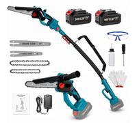 Kit de Jardin 2-en-1 Sans Fil: Mini Tronconneuse a Batterie & Taille Haie Telescopique, Moteur Sans Balais Compatible Makita 24V, 2×4.0Ah, Tête 180°, Élagage Branches & Coupe Bois (Bleu-Pro)