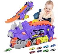Kit de jeu dinosaure, voiture de course pliable 2 en 1 avec 8 voitures de course, camion transformable, portable, du véhicule de transport au tricératops, convient aux enfants à partir de 3 ans