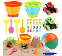 Kit de Jeux Plage 30pcs Jouet et Enfant, Bac à Sable, 2L Seau, 16" Ballon, Camions Monstre, Gemmes, Coffret Cadeau