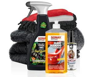 Kit de lavage de voiture - Sonax : shampooing pour voiture concentré, nettoyant jantes beast - Détails : chiffon sec, gant de lavage - Nuke Guys désodorisant spray - Kit de nettoyage de voiture
