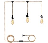 Kit de Lustre Corde de Chanvre Vintage Cable Suspension Luminaire avec Interrupteur et Prise EU DIY 3-Flamme Suspension Lampe