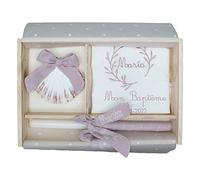 Kit de Luxe Personnalisé pour Baptême - Pack de Cierge décorée, Mouchoir et Coquillage Brodés - Coffret en bois avec le nom et la date du Baptême gravés - Modèle Bambule (Misty Rose)