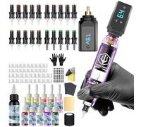 Kit de Machine à Tatouer Rotative Sans Fil POSEIDON avec 20 Cartouches d'Aiguilles,Encres & 2 Batteries Rechargeables | Pistolet à Tatouer Professionnel Portable pour Débutants | Fournitures Complètes