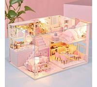 Kit De Maison De Poupée À Monter Soi-Même, Plus Boîtier De Batterie En Bois Rose Avec Lumière Led Et Anti-Poussière, Pièce Créative, Modèle À Assembler Soi-Même Pour Filles