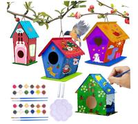 Kit de Maison d'oiseaux, 4pcs en Bois Maisons d'oiseaux pour Peindre et Construire, Kits de bilans Bricolage avec Pinceau, peintures et Peinture palete pour Les Enfants