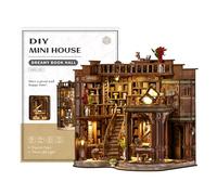 Kit de maison miniature à monter soi-même - Puzzle 3D en bois pour maison de poupée rétro à deux étages avec lumière LED, cadeaux pour la famille, les amis et les amateurs de livres