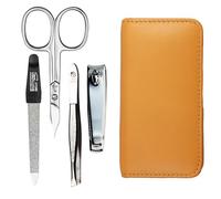 Kit de manucure 4 pièces avec étui de voyage - Ciseaux à ongles, coupe-ongles, lime à ongles et pince à épiler - Étui en cuir d'agneau nappa véritable - Manucure et pédicure (jaune maïs)