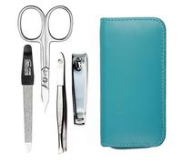 Kit de manucure 4 pièces avec étui de voyage - Ciseaux à ongles, coupe-ongles, lime à ongles et pince à épiler - Étui en cuir d'agneau nappa véritable - Manucure et pédicure (turquoise)