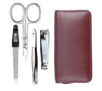 Kit de manucure 4 pièces avec étui de voyage - Ciseaux à ongles, coupe-ongles, lime à ongles et pince à épiler - Étui en cuir d'agneau nappa véritable - Manucure et pédicure (bordeaux)