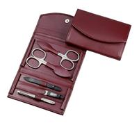 Kit de manucure - 5 pièces - Ciseaux à ongles, ciseaux à cuticules, lime à ongles, pince à épiler et double instrument - Étui en cuir nappa véritable (bordeaux)