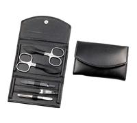 Kit de manucure - 5 pièces - Ciseaux à ongles, ciseaux à cuticules, lime à ongles, pince à épiler et double instrument - Étui en cuir nappa véritable - Noir