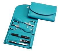 Kit de manucure - 5 pièces - Cuir d'agneau nappa véritable - Ciseaux à ongles, ciseaux à cuticules, lime à ongles, pince à épiler et double instrument (turquoise)
