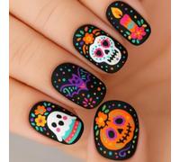 Kit de manucure de vacances pour Halloween, 24 faux-embouts avec de crâne de chauve-souris citrouille, finition saisonnière noire et languettes adhésives incluses