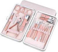 Kit de manucure et pédicure comprenant : coupe-ongles, ciseaux, pince à cuticules, couteau de manucure et outils de soin des ongles avec étui.
