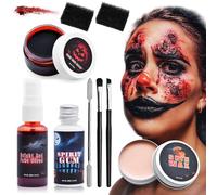 Kit de maquillage 7 pièces Halloween SFX avec faux gel sanguin, cire de cicatrice, latex liquide, pinceaux de maquillage, éponge, spatule, effets spéciaux pour Halloween, cosplay, fête costumée