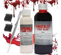 Kit de Maquillage Avec Faux Sang et Lait de Latex - 2 Éponges, Spatule, Sang Lavable pour Enfants, Halloween, Cosplay, Scène (100 ml) (A)