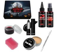 Kit de maquillage d'effets spéciaux SFX 7Pcs, Vernis noir + Spray de faux sang + Goutte de sang + Cire pour cicatrices + Spatule + Gel de faux sang + Éponge rose pour le maquillage d'Halloween Cosplay