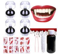 Kit de maquillage d'Halloween, avec 30 ml de faux sang, 4 paires de crocs de dents de vampire d'Halloween, 10 tatouages d'Halloween, pour le carnaval zombie vampire cosplay mascarade