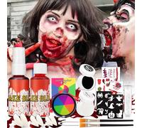 Kit de maquillage d'Halloween avec peinture du visage noir et blanc, 6 couleurs de maquillage, palette de maquillage, faux sang, 2 pinceaux, dents de vampire pour Halloween, carnaval, maquillage