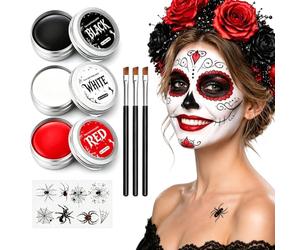 Kit de maquillage d'Halloween noir, blanc, rouge | Maquillage professionnel de théâtre à base d'eau pour vampires, zombies et joker | 90 g (3 x 30 g) avec 3 pinceaux et autocollants araignées