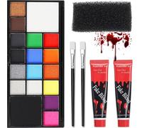 Kit de maquillage Halloween 16 couleurs pour enfants, kit de maquillage à base d'eau avec éponges, pinceau, faux sang et 2 pinceaux, maquillaga Halloween visage, vampire, monstre, maquillagr théâtre