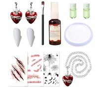 Kit de Maquillage Halloween Blanc, Vampire Accessoire Set, avec Dent de Vampire, Faux Sang, Peinture Blanche, Halloween Collier en Forme de cœur, Maquillage Clown VampIre HalLoween