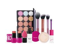 Kit de maquillage pour les yeux et le visage, palette d'ombre à paupières, apprêt pour le visage, bâton de blush et poudre lâche, kit de beauté longue durée avec brosses, cadeau de maquillage complet