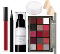 Kit de maquillage rouge pour Halloween - Kit de maquillage clown vampire joker démon, palette d'ombres à paupières, fond de teint blanc, liquide rouge, eye-liner noir, poudre fixante et éponges