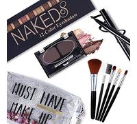 Kit de maquillage tout-en-un - 12 couleurs - Palette de fards à paupières nude Shimmer - Eyeliner noir imperméable - Poudre à sourcils duo pressée - 5 pinceaux avec sac de maquillage à sable mouvant