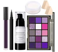 Kit de maquillage violet pour Halloween - Kit de maquillage sorcière diabolique, Palette d'ombres à paupières, fond de teint blanc, rouge à lèvres violet, eye-liner noir, poudre fixante et éponges
