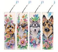 Kit de marque-pages en peinture de diamants DIY - 4 motifs de chiens mignons avec pendentifs en cristal scintillants, un kit d'artisanat idéal pour les débutants, convenant à un usage domestique et au