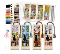 Kit de Marque-pages en Point de Croix, 4 Marque-pages de Chats Noirs Saison | Scènes de Fenêtre Au Printemps, Été, Automne Et Hiver avec Guide ; Ensemble D'artisanat Diy 4 Pièces pour les Lecteurs
