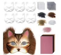 Kit de masque de DIY Therian, masque de chat à demi-visage blanc réaliste avec feuille de tissu en feutre, peluche fausse fourrure et masque animal décoratif en mailles pour la mascarade, fête de cos