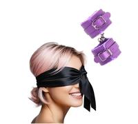Kit de masque pour les yeux en satin avec menottes moelleuses - Ensemble de menottes pour les mains moelleuses - Masque pour les yeux en satin avec bandeau noir (Violet)