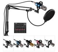 Kit de Microphone à condensateur d'enregistrement de studio de radiodiffusion professionnelle Micro tête ronde avec carte son externe-Bleu + Argent
