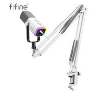 Kit de microphone FIFINE AM8T USB/XLR avec bras de perche, microphone dynamique cardioïde à condensateur pour ordinateur, avec éclairage RVB contrôlable, prise casque, bouton de sourdine, convient pou