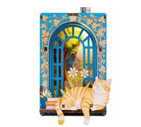 Kit de mini maison en bois à faire soi-même avec lumière LED - Dos magnétique - Décoration miniature compacte faite à la main pour réfrigérateur et bureau - Cadeau (chat)