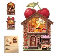 Kit de mini maison en bois à faire soi-même avec lumière LED - Dos magnétique - Scène miniature pour coin de livre - Décoration compacte faite à la main pour réfrigérateur, bureau, bibliothèque