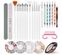 Kit de Nail Art avec 15 Pinceaux à Vernis à Ongles, 5 Stylos Outils de Pointillage, 4 Boîtes Strass et 10 Pcs Striping Tape Autocollant, Ensemble de Pinceaux à Ongles