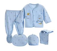 Kit De Naissance Bebe Fille Vetement Nouveau Nee Haut Tops Manche Longue Hérisson Mignon + Pantalons *2 + Bavoir + Bonnet Habits Tenue Ensembles 5 Pièces Cadeau Bebe Naissance Fille Garçon (Y-Bleu)