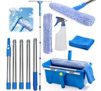 Kit de nettoyage de vitres avec grand seau de 16 l et barre télescopique de 2 m, kit complet avec raclette de fenêtre en silicone, flacon pulvérisateur, chiffon de nettoyage sans traces pour fenêtres